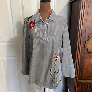 Striped Floral Embroidered Bird Blouse